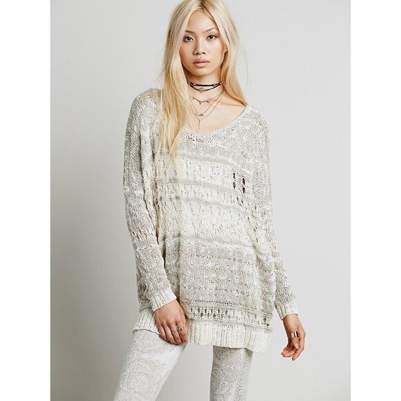 Free People Tops - RARE NWT Free People Ivory Metallic Shimmer Slouchy On-Off Shoulder Knit Sweater